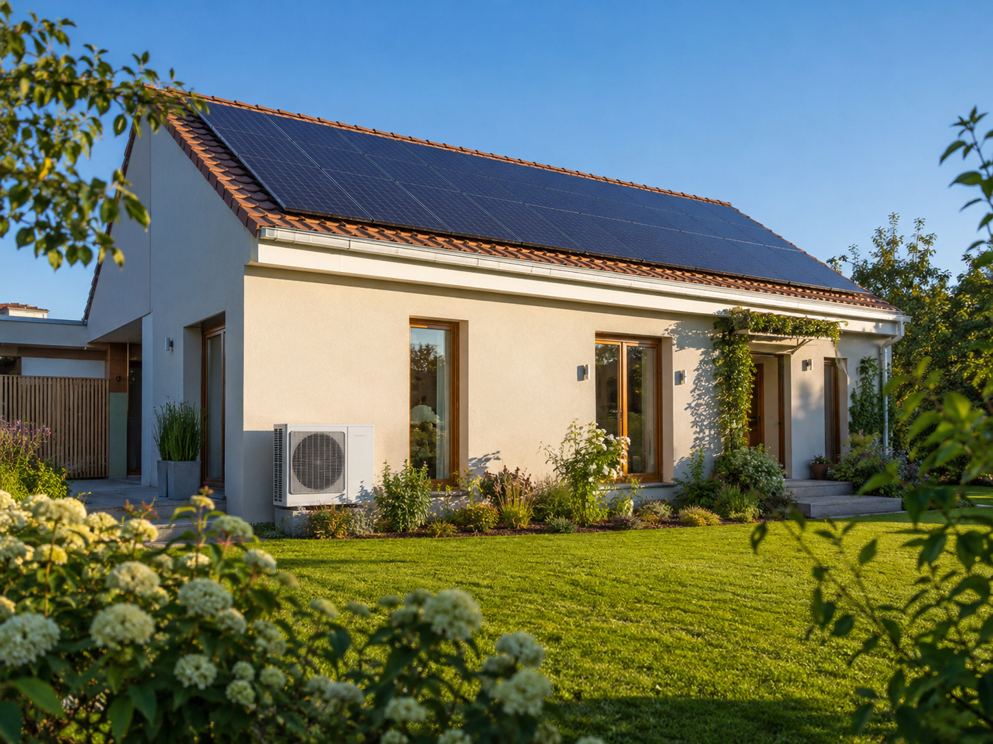 Maison individuelle équipée de panneaux solaires et d'une pompe à chaleur